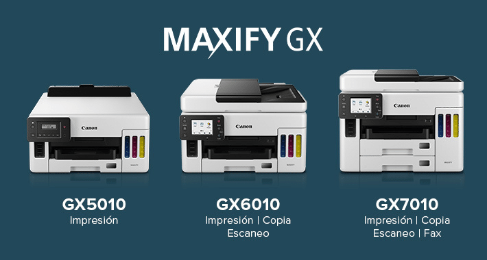 Multifuncionales e impresora MAXIFY GX de Canon. Tinta continua para alto volumen de impresión.