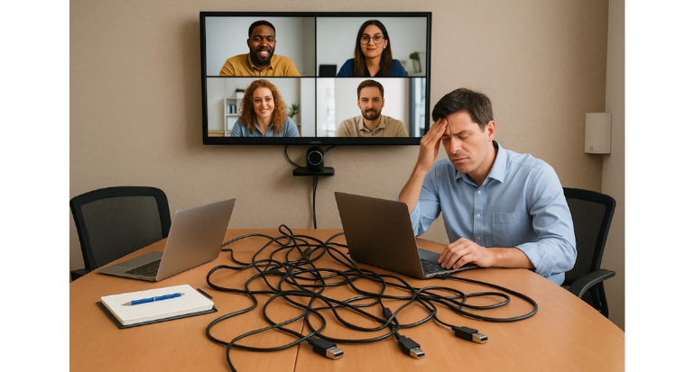 Conectar muchos dispositivos a una laptop sin un hub de videoconferencia puede provocar errores de conexión. Se recomienda un sistema dedicado para administrar múltiples periféricos.