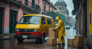 Repartidor de empresa de paquetería, acomodando cajas durante un chubasco en la Ciudad de México.