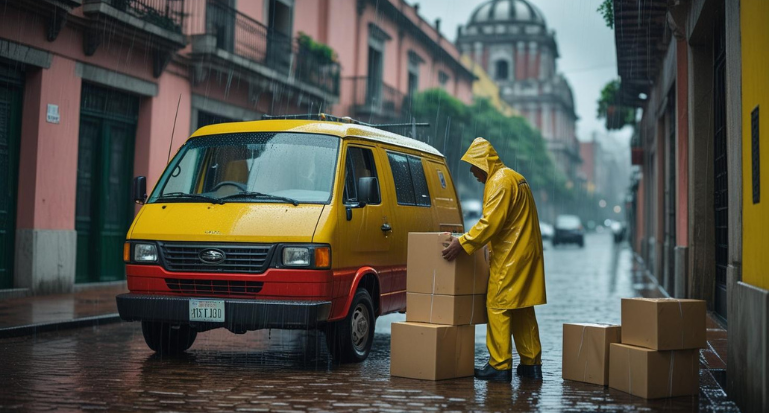 Repartidor de empresa de paquetería, acomodando cajas durante un chubasco en la Ciudad de México.
